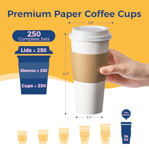 Fit Meal Prep 24 oz Disposable Coffee Cups with Lids & Sleeves, 250 Pack – Leak-Proof Hot & Cold To-Go Cups