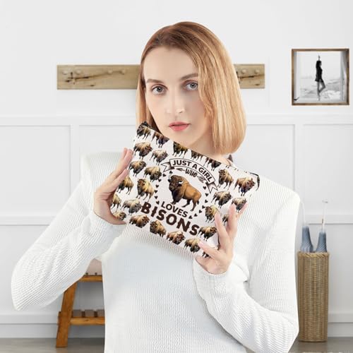 WZMPA Funny Bison Cosmetic Makeup Bag Animal Lover Gift Just A Girl Who Loves Bison Makeup Zipper Pouch Bag Bison Lover Gift For Women Girls (Loves Bison F)