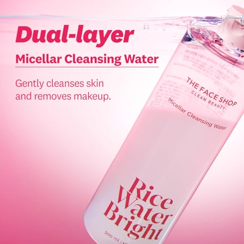 The Face Shop Rice Water Bright Micellar Water, Hydrating Face Cleanser and Makeup Remover, with Rice Active Complex¢â, Gentle for Sensitive Skin, 16.9 fl. oz