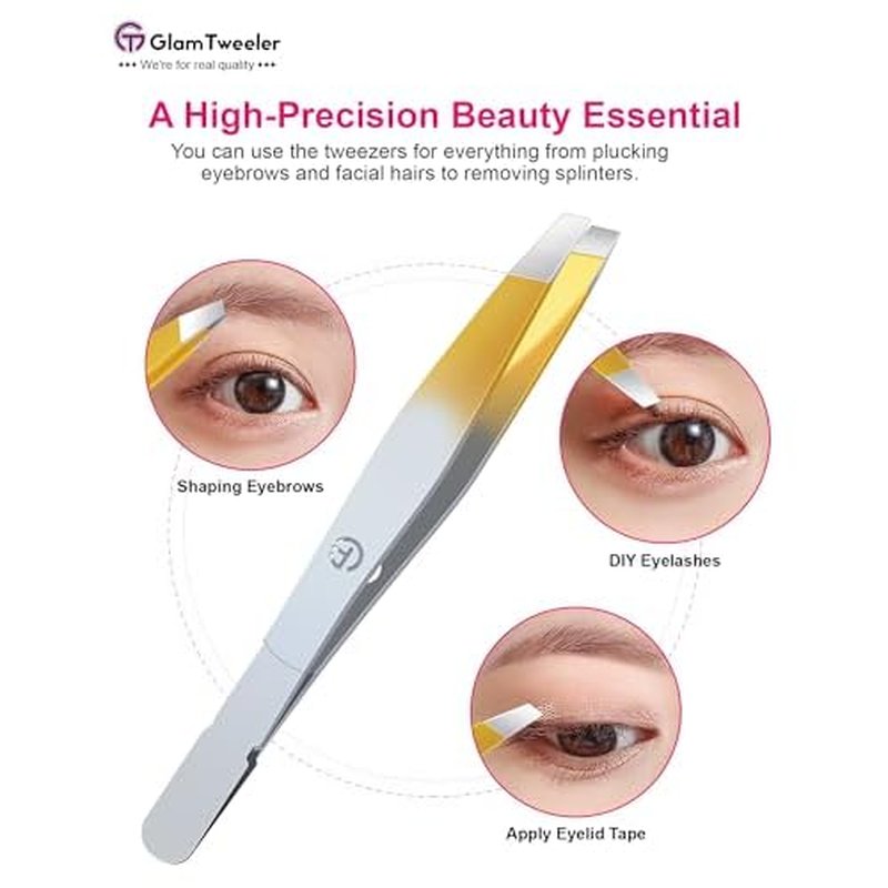 Exclusive G-01 Slant Tip Tweezers, GlamTweeler High Precison Expert Eyebrow and Facial Hair Removal Tweezer with Leather Storage & Carrying Case (Silver & Gold)