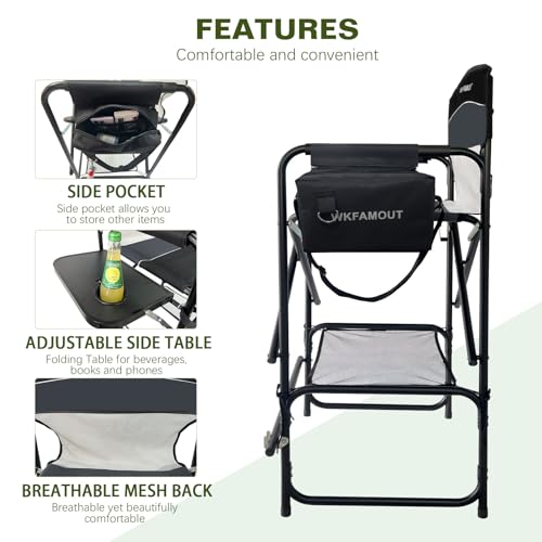 Black Tall Folding Director Chair with Side Table & Cosmetic Bag - 30.7" Seat Height, Supports 350 lbs