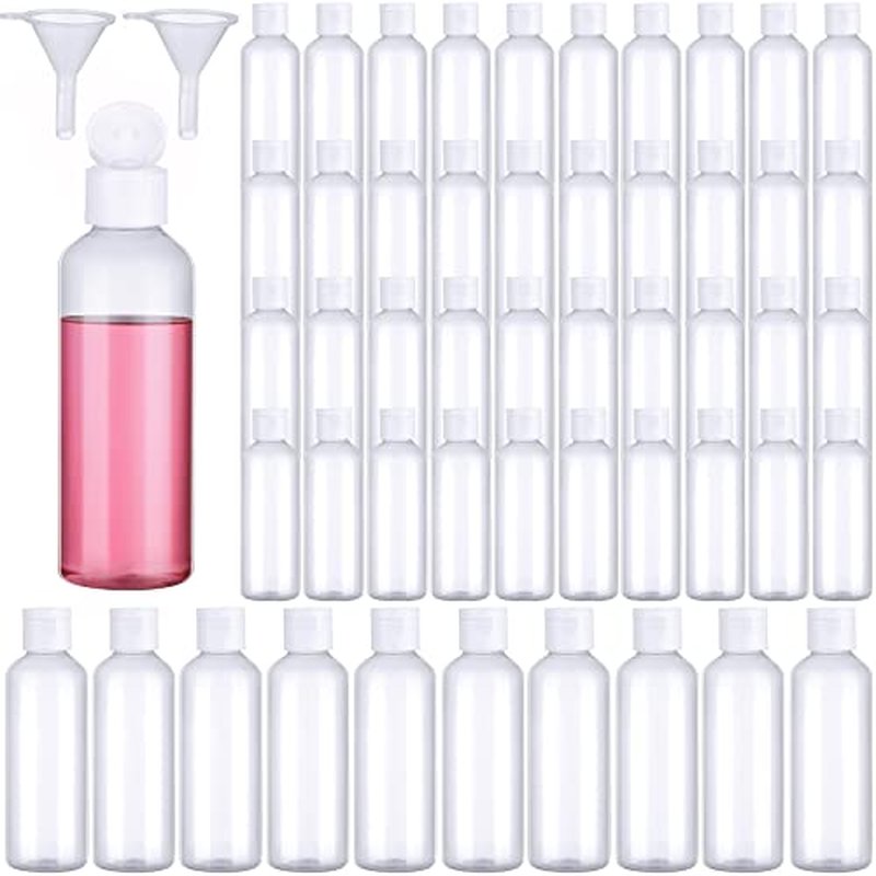 50 Pcs 3.4 oz Small Travel Bottles Plastic Empty Squeeze Bottle Clear Refillable Shampoo Container with 2 Funnel for Liquids Cream Cosmetic Toiletries(Clear, White)