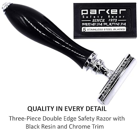 Safety Razor with Ebony Handle & 5 Double-Edge Blades - Classic 3-Piece Design
