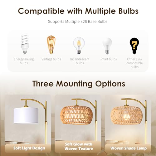Boho Gold Rattan Floor Lamp with Remote Dimmable 2700K-6000K, Adjustable Height 165-172cm — Wicker & Fabric Shade, 2-in-1 Lighting for Living Room & Bedroom - Variation: Boho Gold