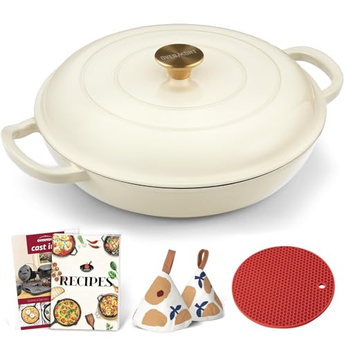 Overmont 3.8QT Enameled Cast Iron Dutch Oven - White Shallow Braiser with Lid