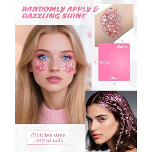 6PCS Pink Face Body Glitter Gel£¬Mermaid Holographic Sequins Chunky Glitter Paint for Party Singer Concerts Music Festival Rave Accessories for Girls Women Face Body Hair Sparkling Makeup