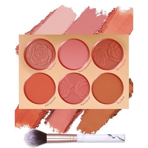 Matte Face Blush Palette with Brush-6 Color High Pigment Mineral Blendable Blusher Contour Powder for Cheeks,Longlasting Facial Beauty Cosmetic,Valentine's Women's Day Makeup Gift for Women-Set 02