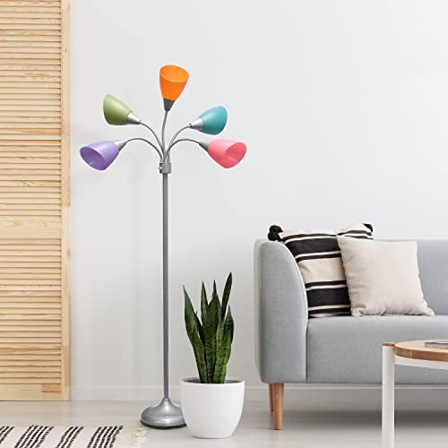 Simple Designs LF2006-SLM 67" Silver Multi-Head Medusa Floor Lamp with Colorful Shades for Kids & Living Room