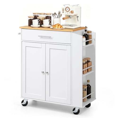 Kitchen Island Cart with Storage and Lockable Wheels - White, 31.3" Wide