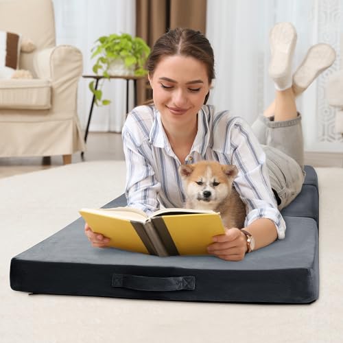 Dark Gray Foldable Floor Lounger Pillow with Handle - Memory Foam Cushion for Meditation, Yoga, Reading, Sleep
