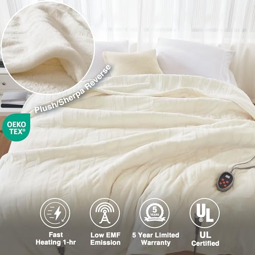 Beautyrest Reversible Electric Heated Blanket Twin Ivory 84x62 - Safety & Adjustable Heat