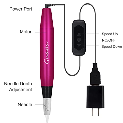 Microblading Tattoo Machine with 50 Needles - Portable Permanent Makeup Device in Red