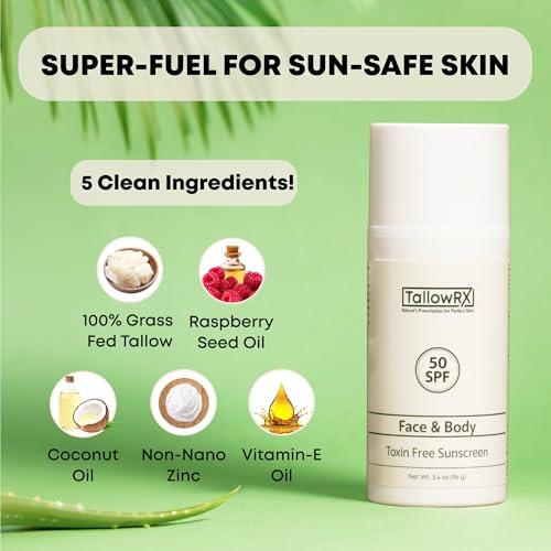 Tallow Sunscreen SPF 50 Mineral Sunblock with Zinc & Red Raspberry - Reef Safe, Non-Toxic, 3.4 oz