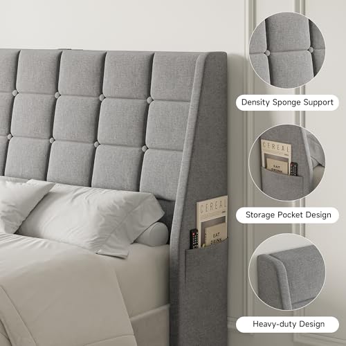 Gray Full Size Headboard with Charging Station, Wingback Ergonomic Design - ComfyCorner