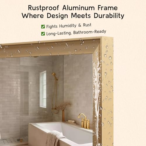 Gold Bathroom Mirror 24x36 Inch Rectangular Vanity Mirror - Brushed Gold Frame, Vertical & Horizontal Mounting