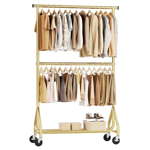 Heavy Duty Clothes Rack with Double Rod - Adjustable Freestanding Garment Organizer, Rolling Wardrobe, Gold