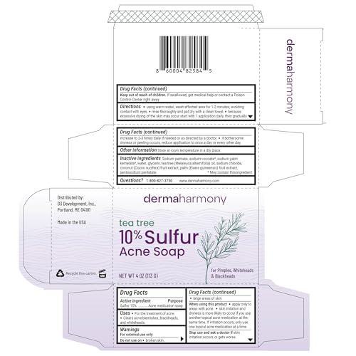 Sulfur Acne Bar Soap - 10% Sulfur with Tea Tree Oil - Pack of 3, 4 oz Bars