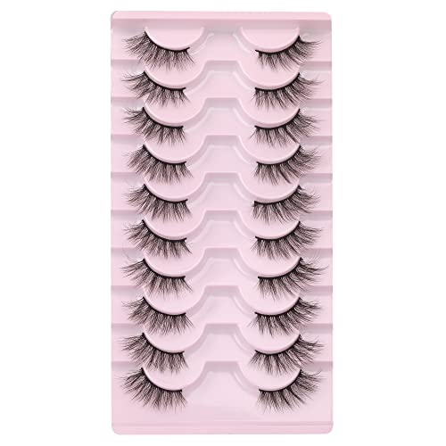 Lashes False Wispy Eyelashes Natural Volume Cat Eye Lash Strips Thick Fake Mink Eyelash Pack Natural Looking Fluffy Full Strip Lashes Set Clear Band Easy Eyelashes for Beginners