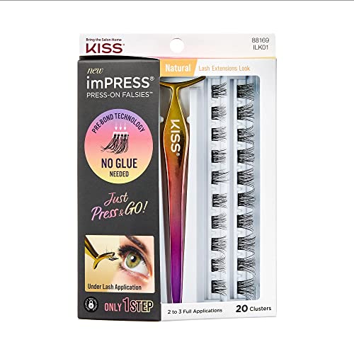 KISS imPRESS Falsies False Eyelashes, Natural' 12 mm & Voluminous' 14 mm, 20 Clusters & Applicator