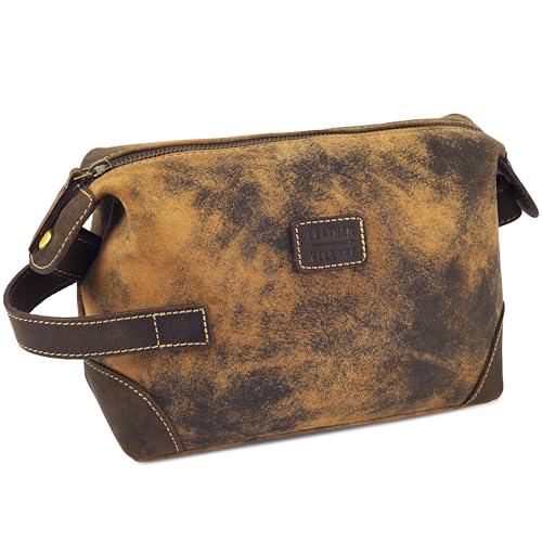 Distressed Brown Leather Dopp Kit for Men - Travel Toiletry Bag, Shaving Bag