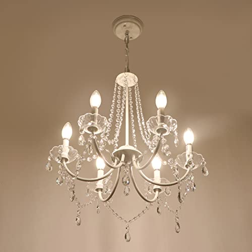 LynPon White Crystal Chandelier with 6 Lights - Adjustable 59" Chain, E12 Bulbs Included for Bedroom, Dining Room, Living Room