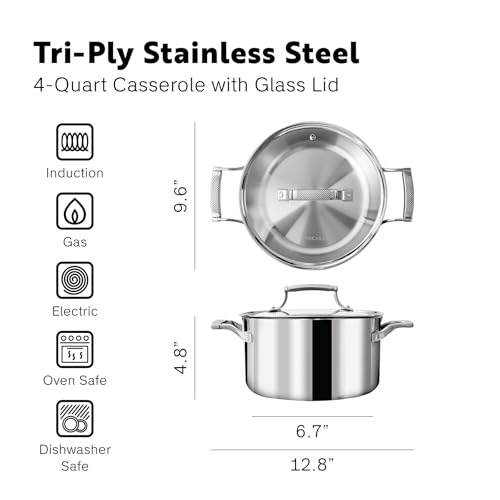4 Quart Fully Clad Stainless Steel Stock Pot with Lid - Induction & Oven Safe