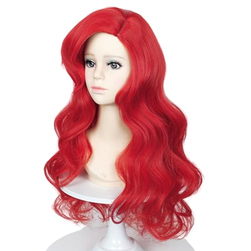 Bright Red Kids Mermaid Wig with Starfish Hair Clips - 21 Inch Curly Costume Wig for Girls