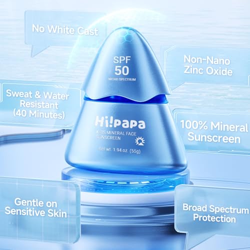 Hi!papa Kids Mineral Sunscreen SPF50, Broad Spectrum UVA/UVB Protection, Non-Nano Zinc Oxide, Water Resistant, Sheer Finish No White Cast, Fragrance Free, 1.94oz