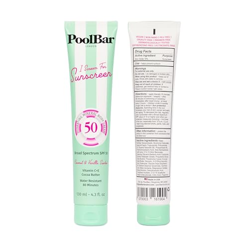 PoolBar SPF 50 Hydrating Mineral Body Sunscreen Cream for Women and Men Skin Care - Coconut Vanilla Scent Sun Care, Vegan and Water Resistant, Broad Spectrum Sunscreen, 130 ml (4.3 Fl. Oz)