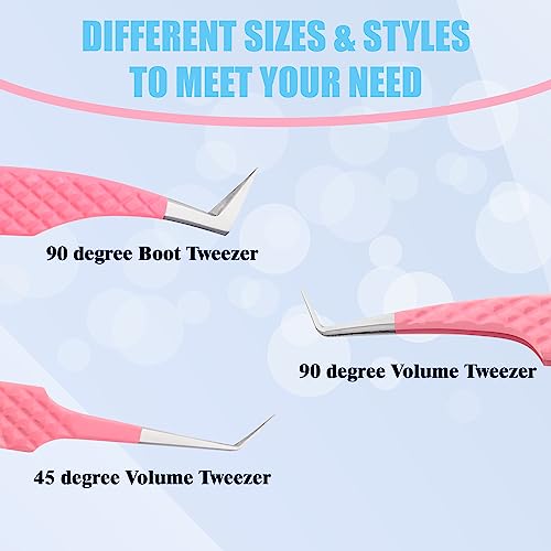 Hadiz Fiber Tip Volume Lash Tweezers Eyelash Extensions Volume Mega Volume 45 and 90 Degree Tweezers(Pack of 3, PINK)