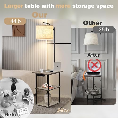 Vintage Grey Floor Lamp with 3-Tier Side Table and Charging Station