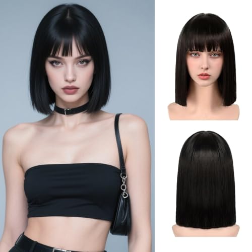 Black Short Straight Bob Wig with Bangs for Women - 13 Inch Variation