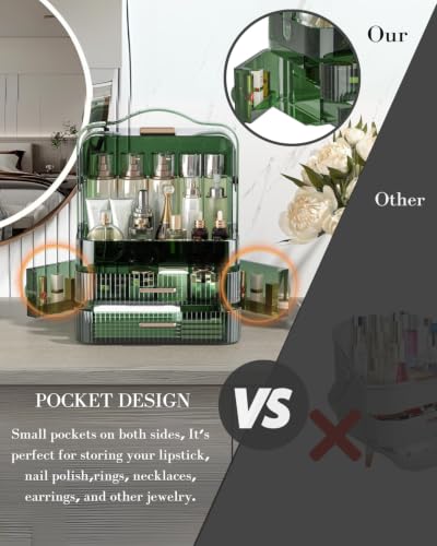 Large Transparent Makeup Organizer Box with Green Lid & Drawers - Dustproof Waterproof Storage