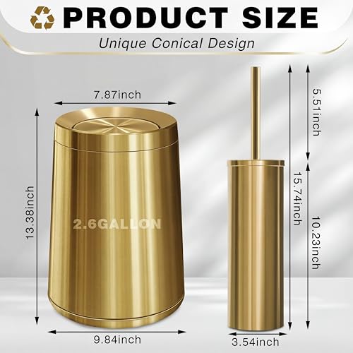 Gold Bathroom Trash Can with Lid and Toilet Brush Set - 2.6 Gallon