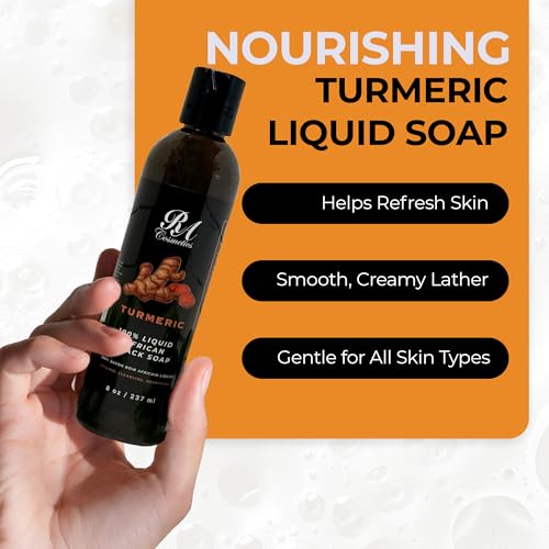 RA COSMETICS Liquid African Black Soap with Turmeric ? Traditional West African Cleanser with Shea Butter & Coconut Oil ? Face, Body & Hair Wash for Daily Use ? No Artificial Fragrances ? 8oz