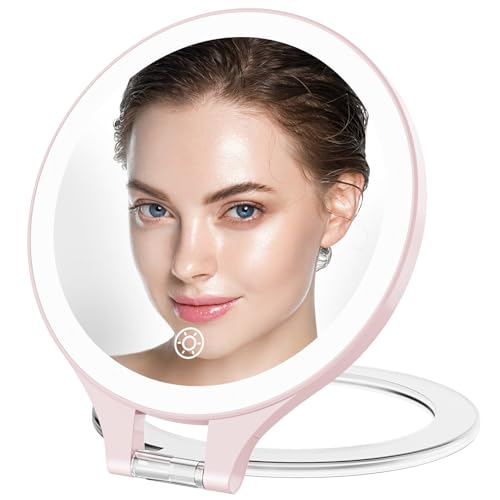 FASCINATE Pink Double-Sided Lighted Travel Magnifying Mirror with 10X/1X LED Lighting