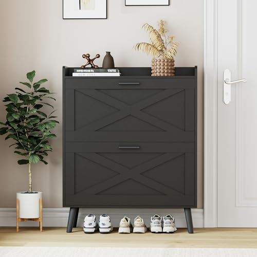 Homleke Farmhouse Shoe Storage Cabinet with Flip Drawers & Barn Door Design - Black