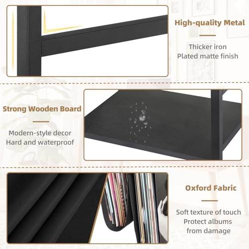 Black Record Player Stand with 3-Tier Vinyl Storage - Fits Up to 200 Albums