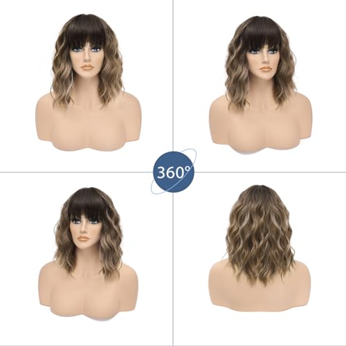 LOSOMEEER Short Wavy Bob Wig with Bangs - Honey Blonde Highlight, 14 Inch, Heat-Resistant Fiber