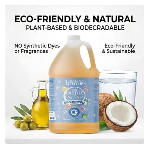 Brittanie's Pure Organic Castile Liquid Olive Oil Soap Refill, 1 Gallon Unscented | Face, Body Wash, All Purpose Cleaner, Dishes, Pets, Laundry | Vegan, Biodegradable, Made in USA