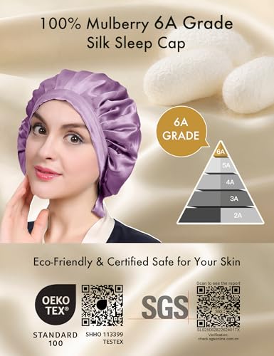 Lavender Medium Mulberry Silk Sleep Bonnet for Women Hair Care