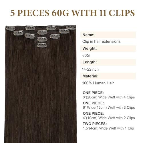22 Inch Dark Brown Clip-In Human Hair Extensions - Double Weft, 60G, 5PCS