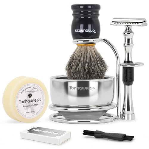 5-in-1 Men's Shaving Kit with Black Handle - Badger Brush, Safety Razor, Bowl & Goat Milk Soap