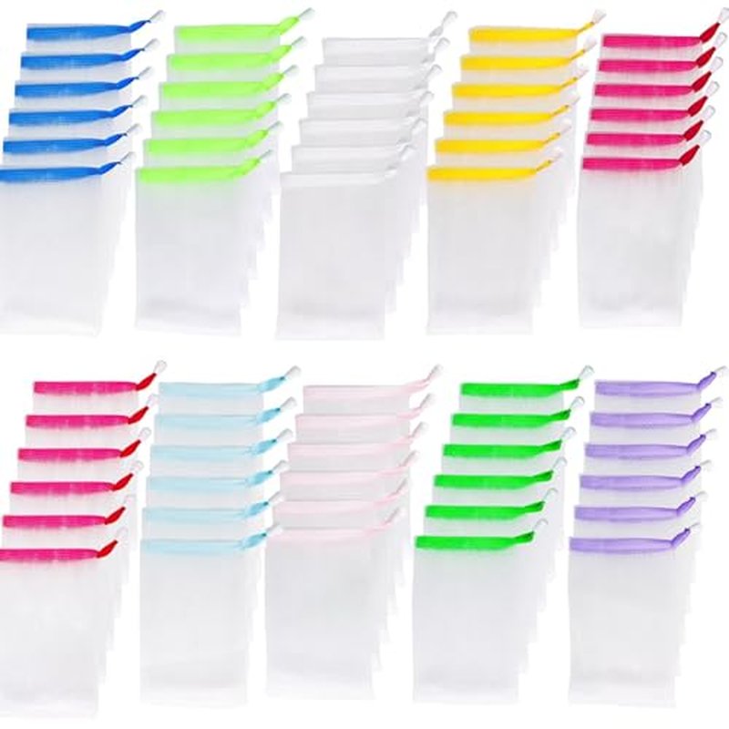 INVODA 60PCS Soap Net Bag 60 Pieces Double Layer Drawstring Soap Mesh Soft Bath Handmade Net for Facial Body Exfoliation Cleaning Tool (Random Color)