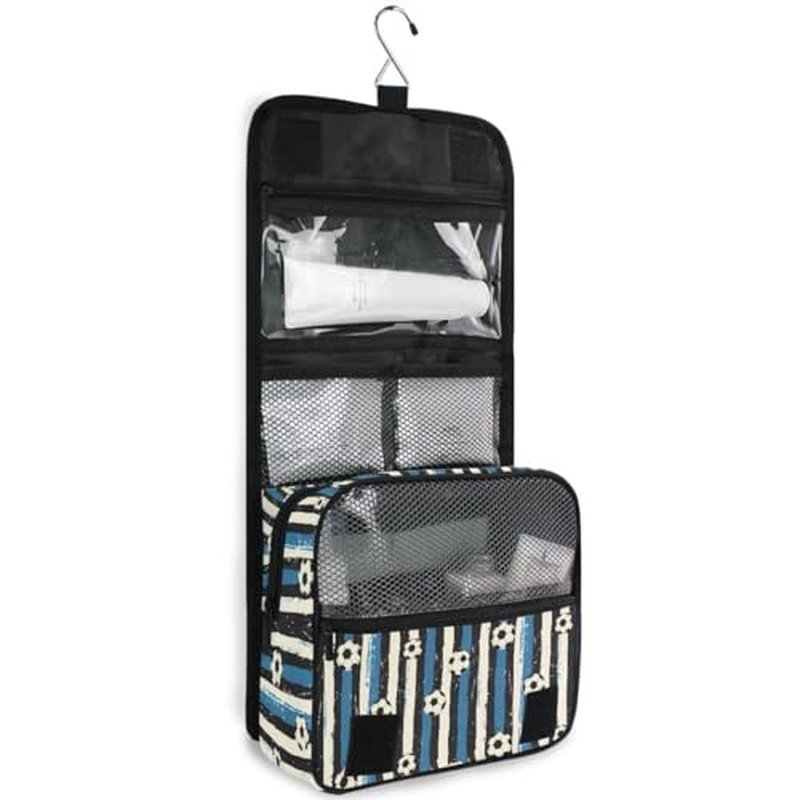 Hanging Travel Toiletry Bag Blue Black Stripes Soccer Balls Kit Makeup Case Cosmetics Organizer for Men Women