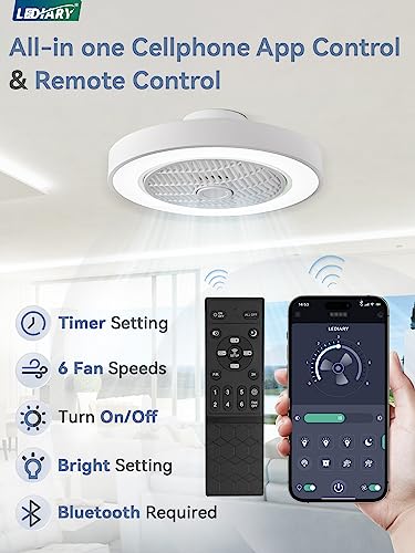LEDIARY 20 Inch White Bladeless Enclosed Ceiling Fan with Dimmable LED Light