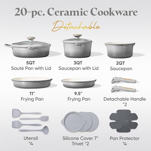 CAROTE 20-Piece Titanium Cookware Set with Detachable Handles - Gradient Grey