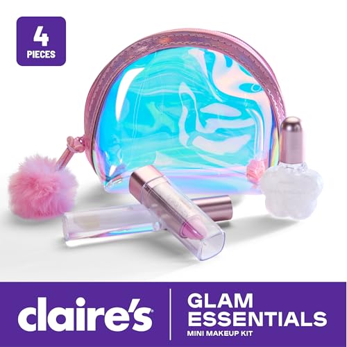 Claire's Glam Essentials Kids Makeup Kit, 4-Piece Real Cosmetic Set with Mini Pouch, Lip Gloss, Lipstick & Nail Polish, Pretend Play Make Up for Kids Ages 6+, Girl Toys & Beauty Activity Gift