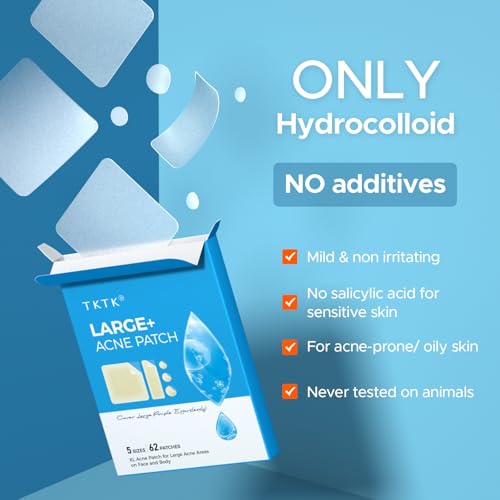 TKTK Large Pimple Patches, 60 mm XL Acne Patches, Big Hydrocolloid Bandages for Body, Face, Forehead, Chin, Neck Zit Breakouts, Hydrocolloid Patch (Square, Strip, Dot 5 Sizes 62 Count) (Pack of 2)