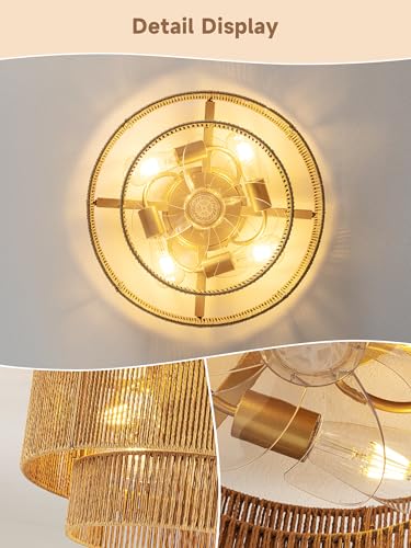 Gold Boho Caged Ceiling Fan with Light Flush Mount - Handwoven Rattan Fandelier